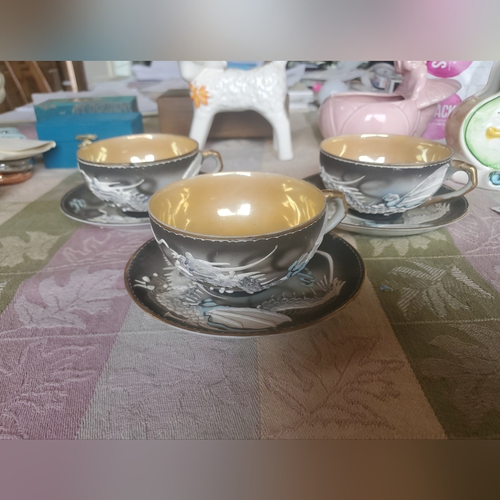 Vintage Moriage Painted Dragon Cup & Saucer Sets With Lithopane Geisha